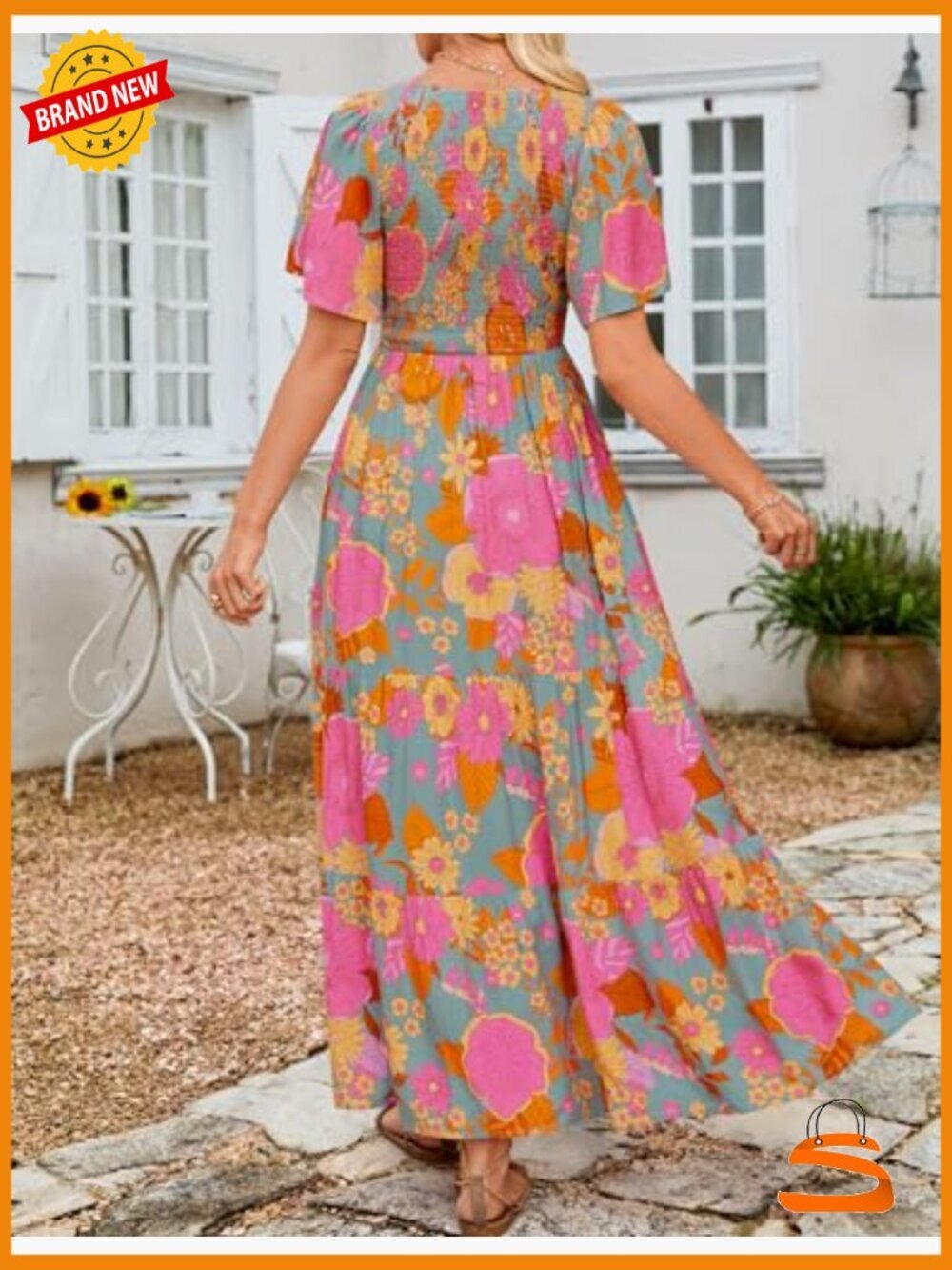 Boho Floral Maxi Dress - Short Flutter Sleeve Smocked Tiered Flowy - Picture 5 of 7